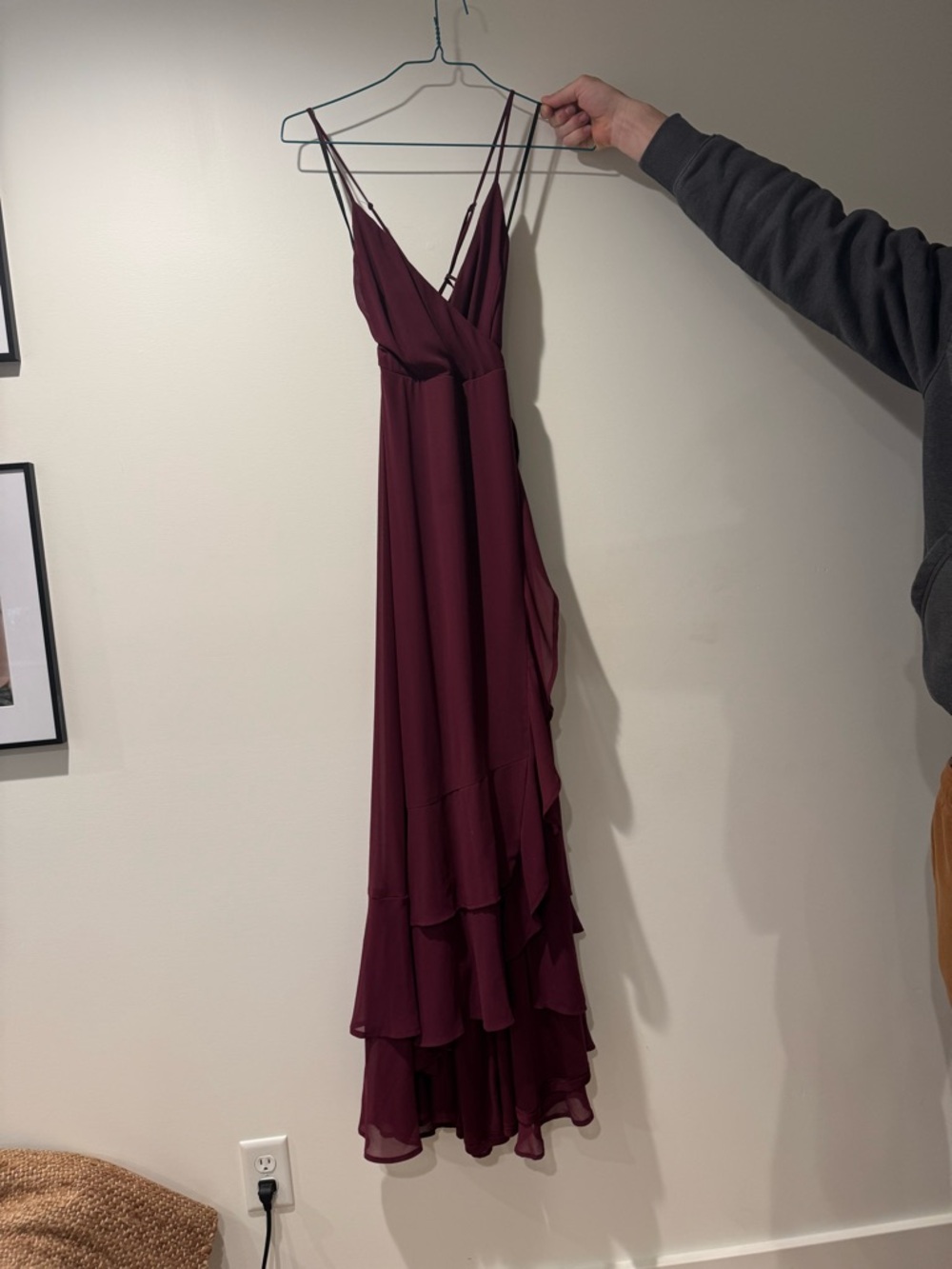 Lulu's Wine Sleeveless V-Neck Ruffled Maxi Dress